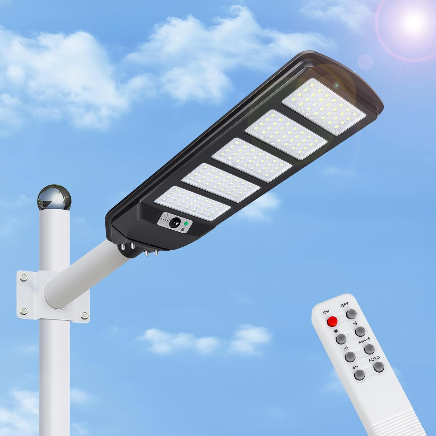 Farola solar LED exterior con sensor de movimiento, mando a distancia, 3000LM luz blanca. Foco solar LED potentes con temporizador, impermeable protección IP65