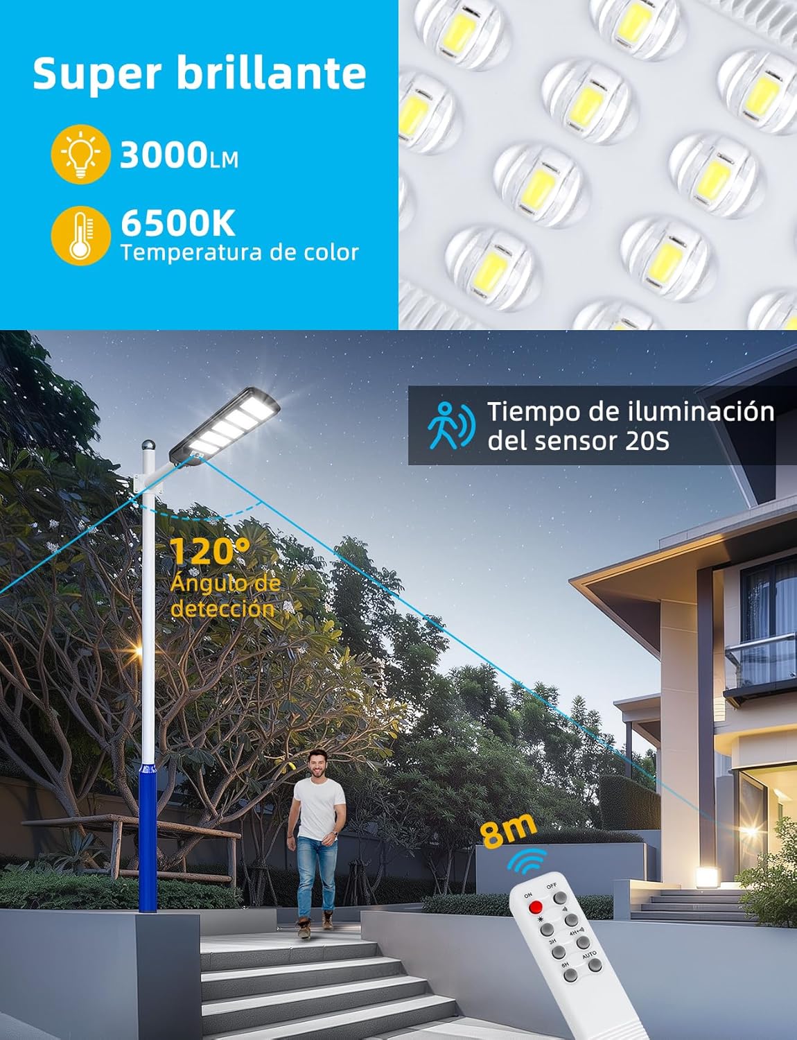 Farola solar LED exterior con sensor de movimiento, mando a distancia, 3000LM luz blanca. Foco solar LED potentes con temporizador, impermeable protección IP65